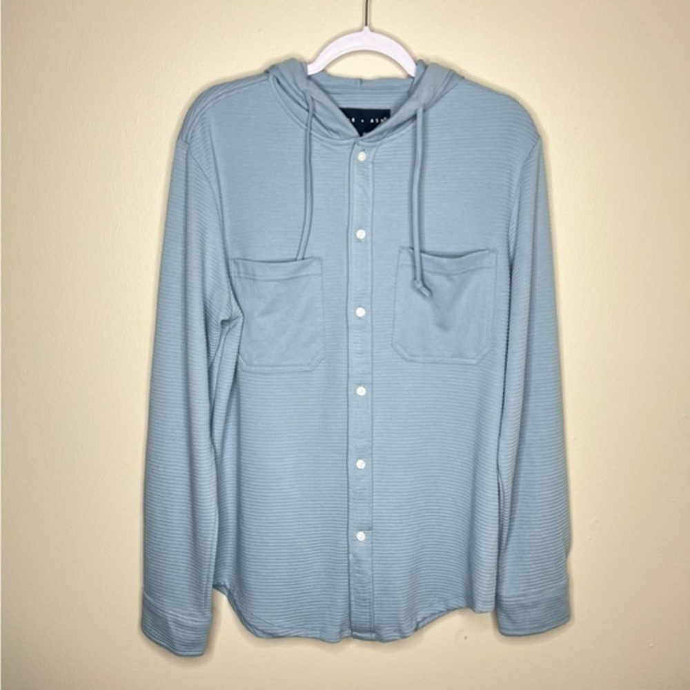 Edgar + Ash Blue‎ Ribbed Button Front Long Sleeve Hooded Shacket